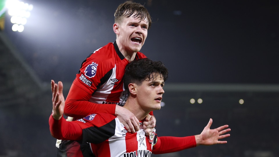 Christian Norgaard celebrates with teammate Keane Lewis-Potter after scoring his team's second goal during the Premier League match between Brentford FC and Manchester City FC.jpg
