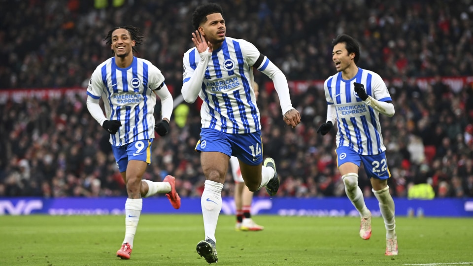 Georginio Rutter of Brighton & Hove Albion celebrates scoring his team's third goal during the Premier League match between Manchester United FC and Brighton & Hove Albion FC