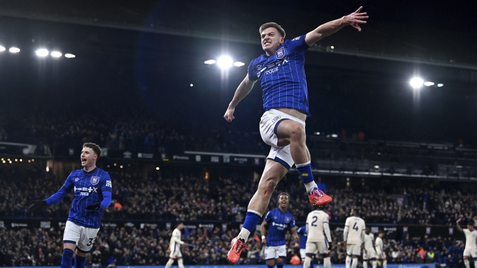 Liam Delap celebrates scoring Ipswich Town's first goal
