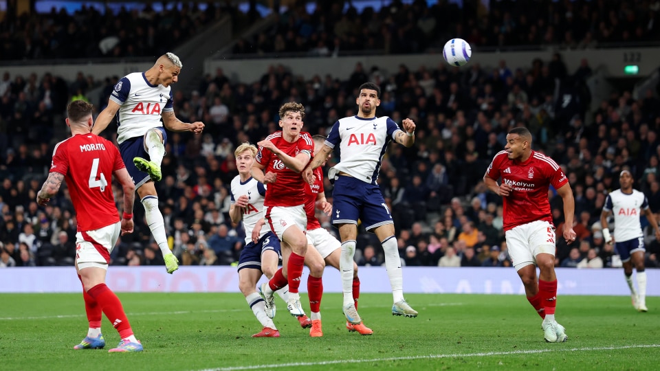 Richarlison scores Spurs' first goal during the Premier League match with Nottingham Forest