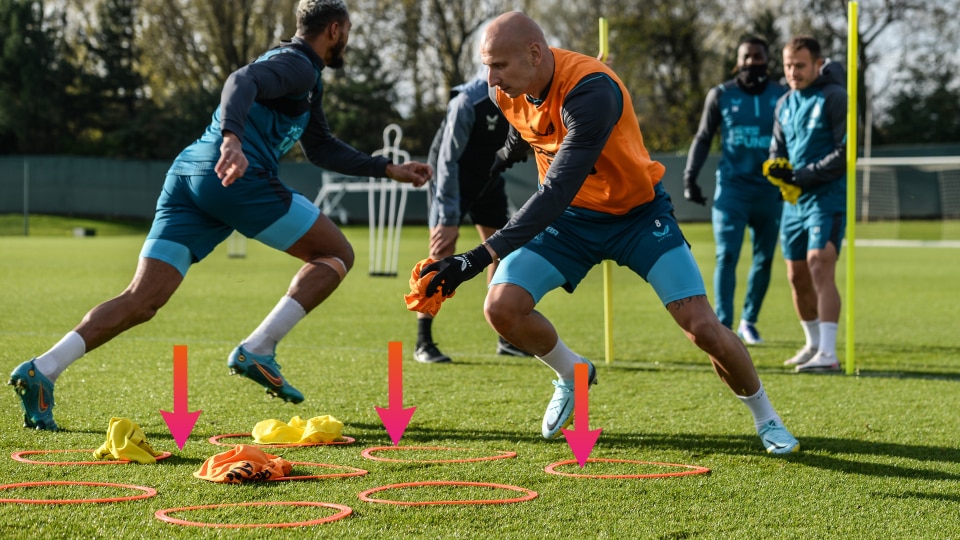 Footballers training with different equipment