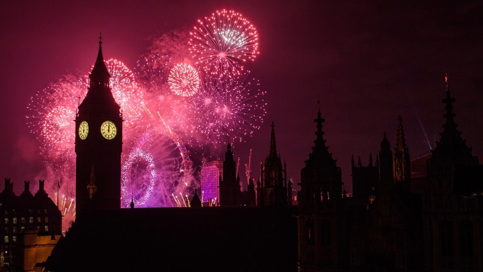 The Houses of Parliament at midnight on New Year's eve.