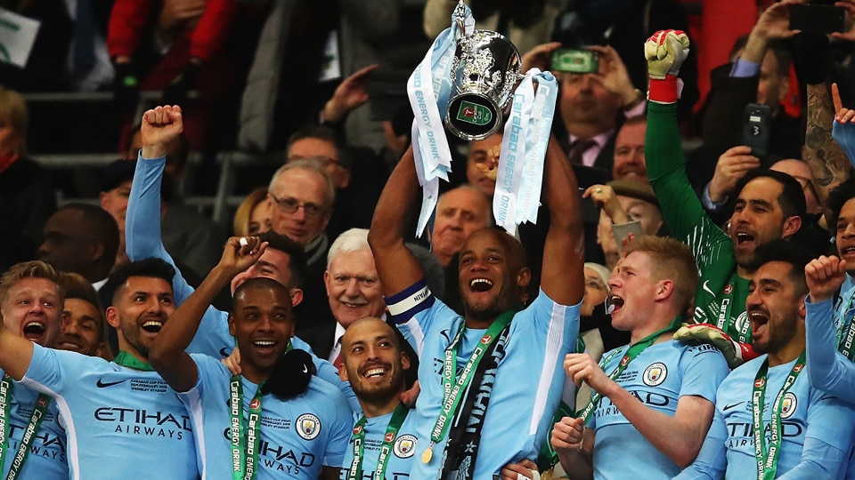 Manchester City lifting the League Cup.