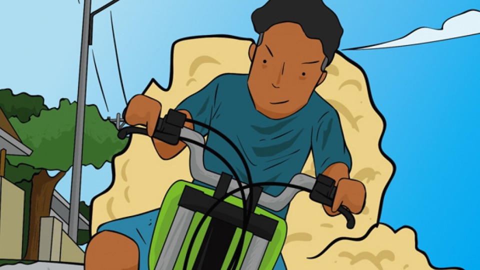 Coach Ipul's friend Jono, riding a motorbike.