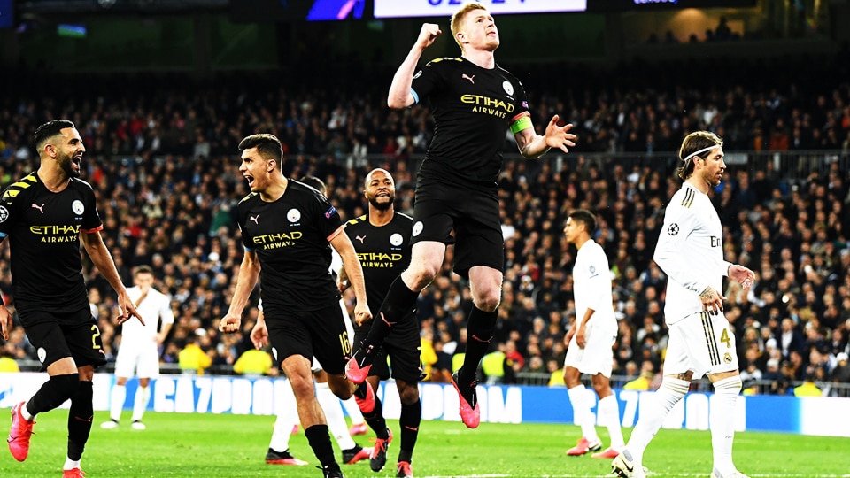 Kevin de Bruyne celebrates scoring against Real Madrid.