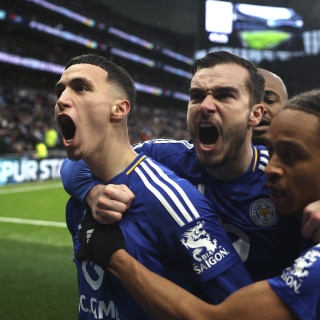 Bilal El Khannouss of Leicester City celebrates scoring his team's second goal