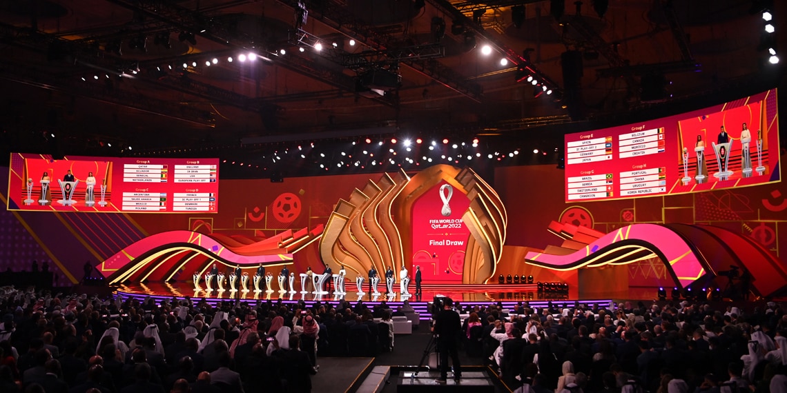 A LED displays the Fifa World Cup Qatar 2022 Final Draw results during the FIFA World Cup Qatar 2022 Final Draw