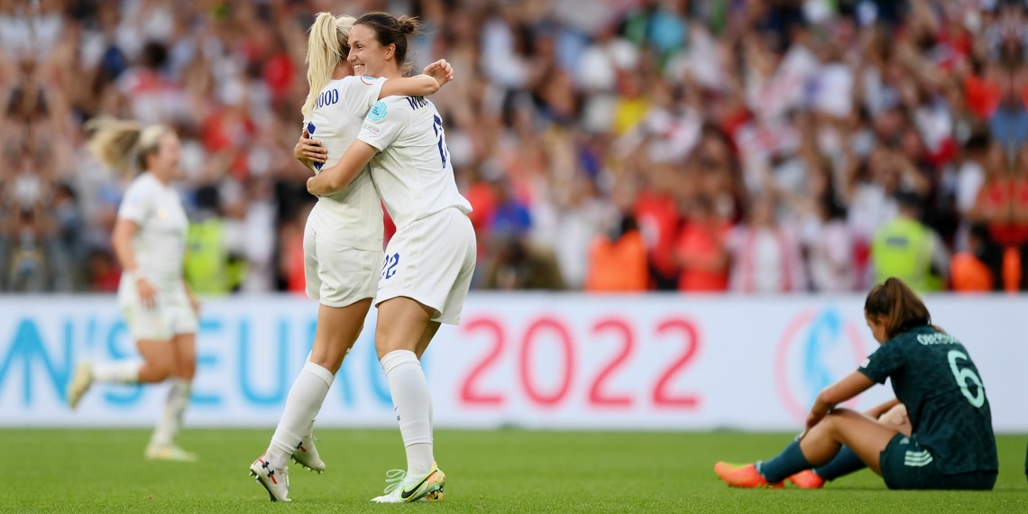 Alex Greenwood and Lotte Wubben-Moy of England celebrate the 2-1 win