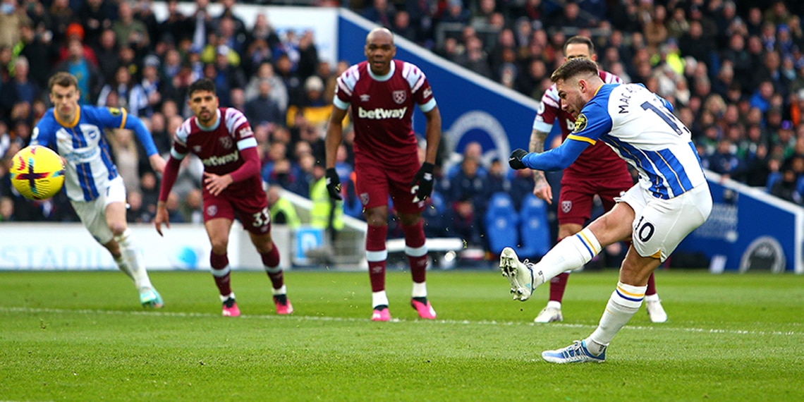 Alexis Mac Allister scores Brighton & Hove Albion's first goal during the match with West Ham United