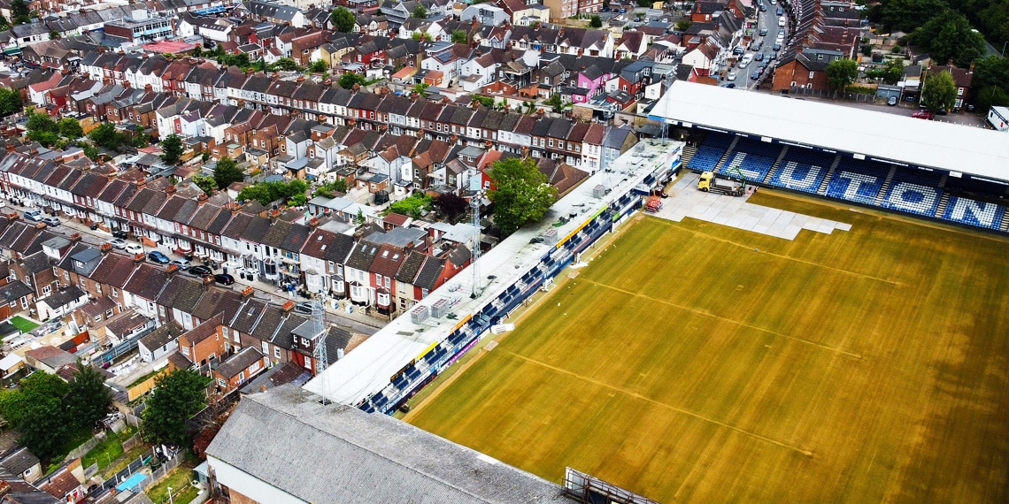 An aerial picture taken on May 31, 2023 shows Luton Town's Kenilworth Road stadium, in Luton