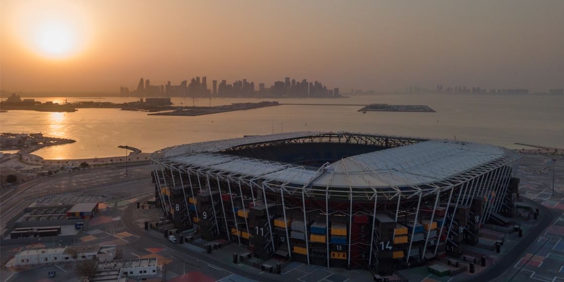 An aerial view of 974 stadium at sunset in Doha, Qatar