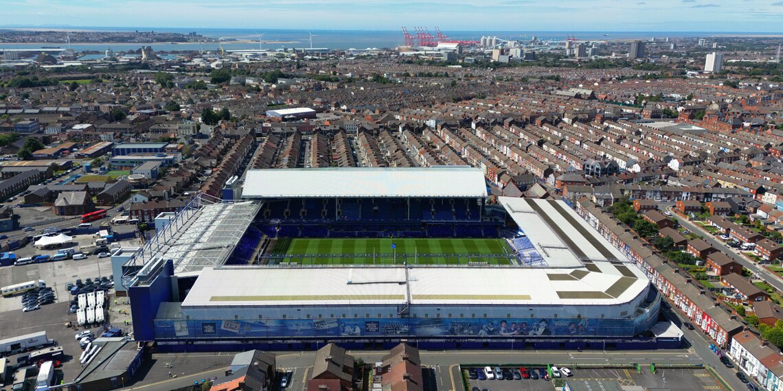 An aerial view of Goodison Park and the surrounding area