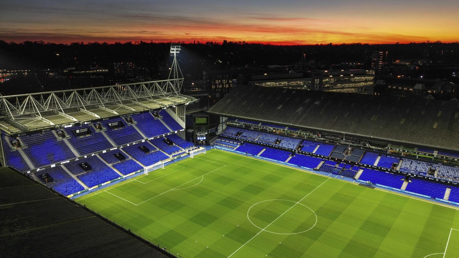 An aerial view of the stadium before the Premier League match between Ipswich Town FC and Chelsea FC