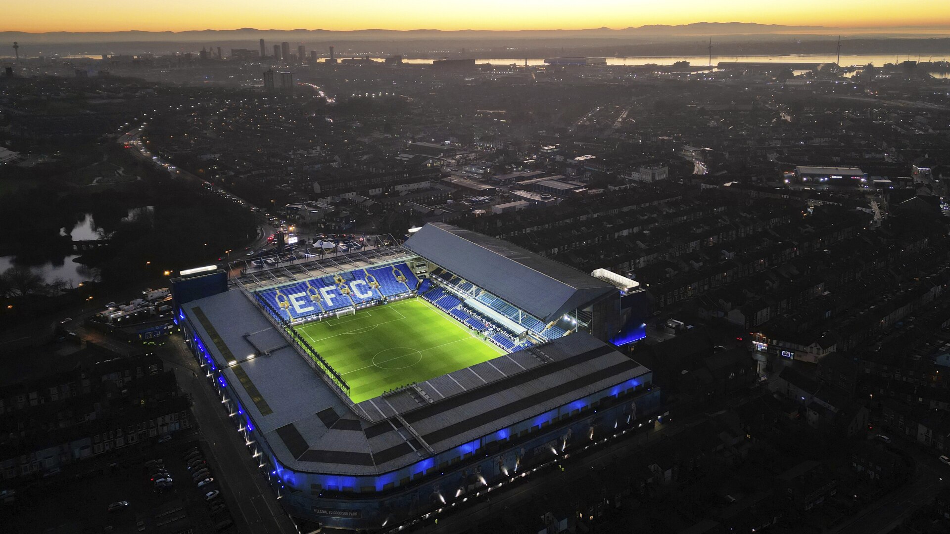 An aerial view shows Everton football club's stadium, Goodison Park