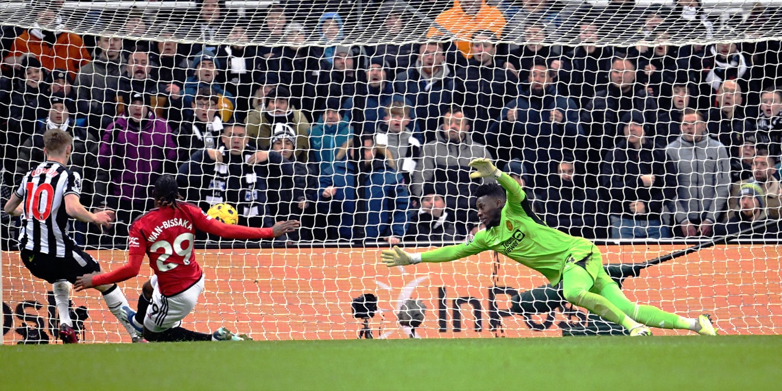 Andre Onana and Aaron Wan-Bissaka are beaten by Newcastle United's Anthony Gordon