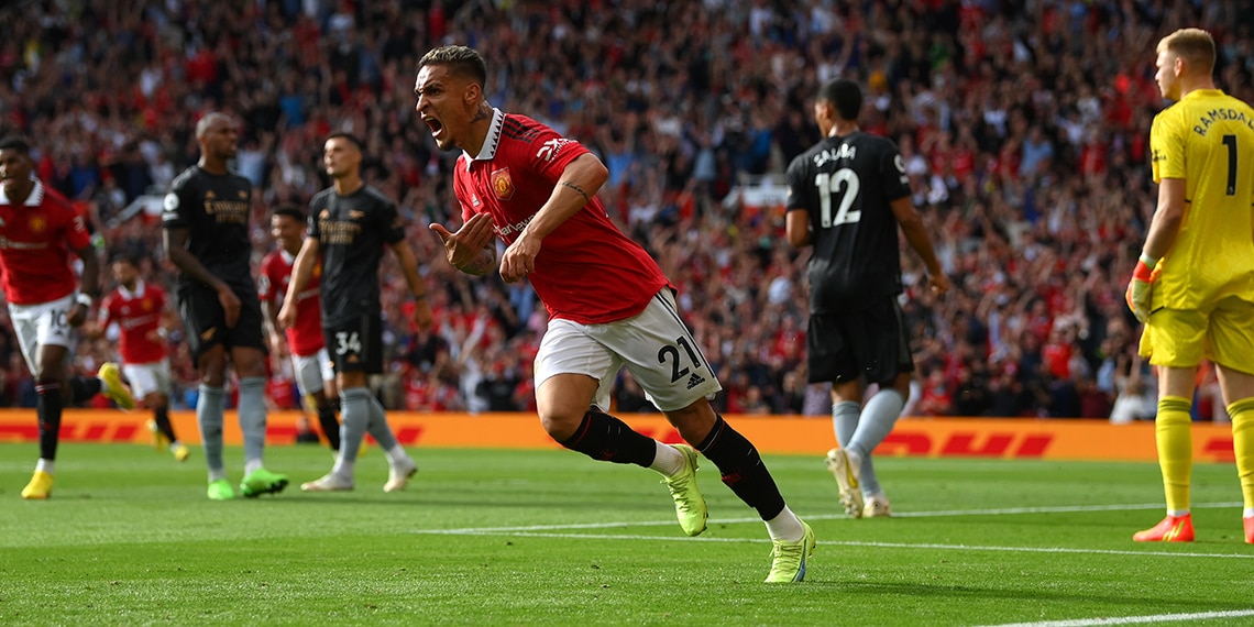 Antony celebrates after scoring Manchester United's first goal against Arsenal FC