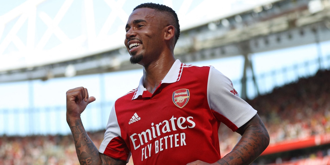 Gabriel Jesus celebrates after scoring his second goal for Arsenal against Leicester City
