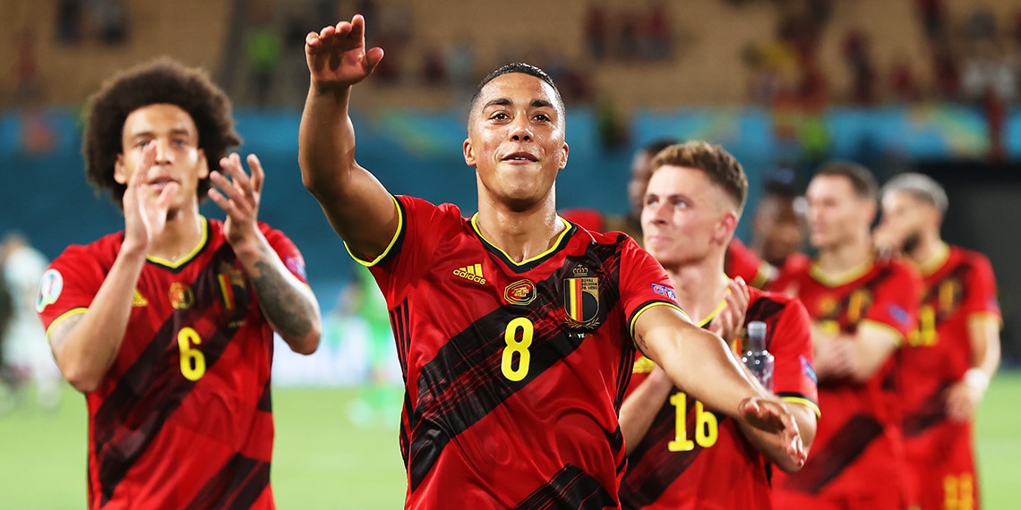 Leicester City's Youri Tielemans leads Belgium's celebrations after victory against Portugal.