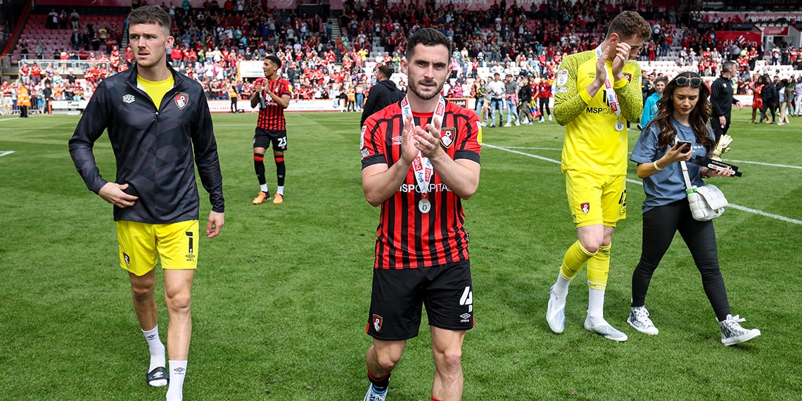 Freddie Woodman and Lewis Cook of Bournemouth during a traditional walk around the pitch after his sides 1-0 win