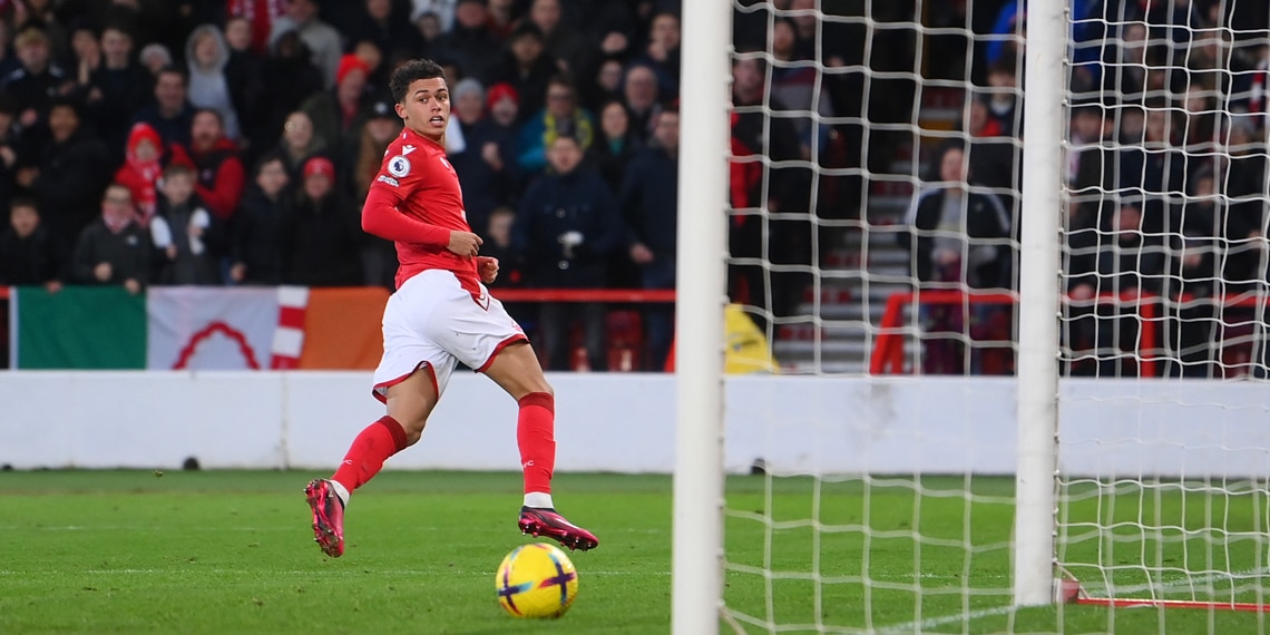 Brennan Johnson scores Nottingham Forest's first goal during the match with Leicester City