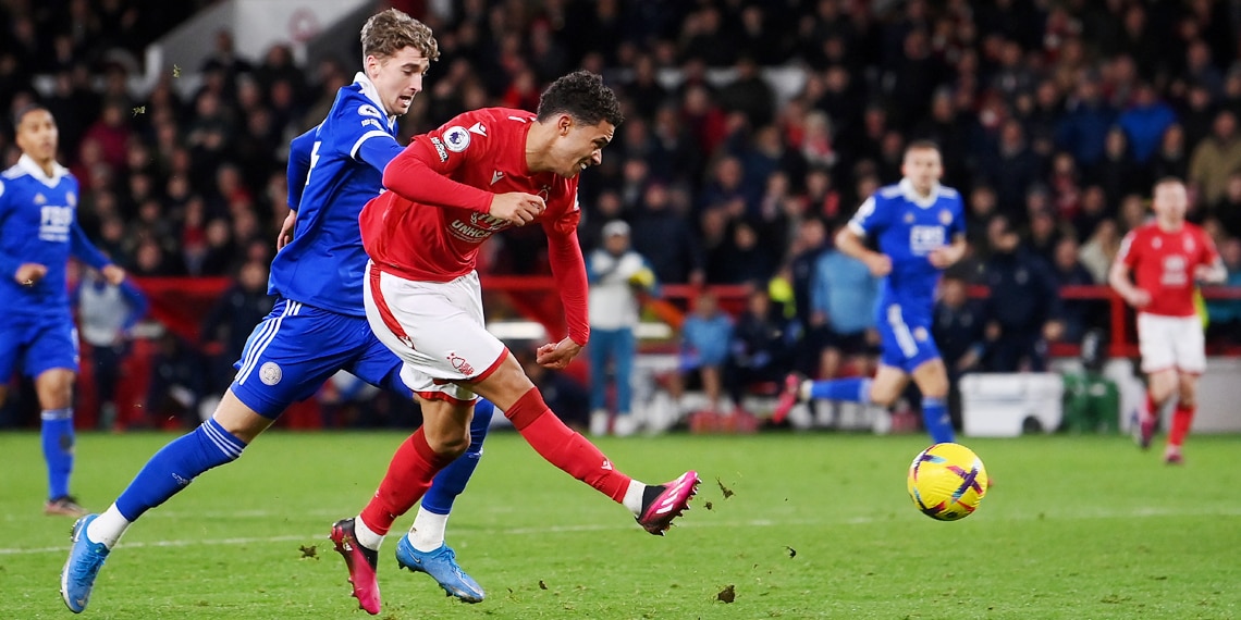 Brennan Johnson scores Nottingham Forest's second goal during the match against Leicester City