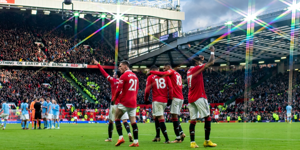 Bruno Fernandes celebrates scoring a goal with his team-mates during the Manchester Derby