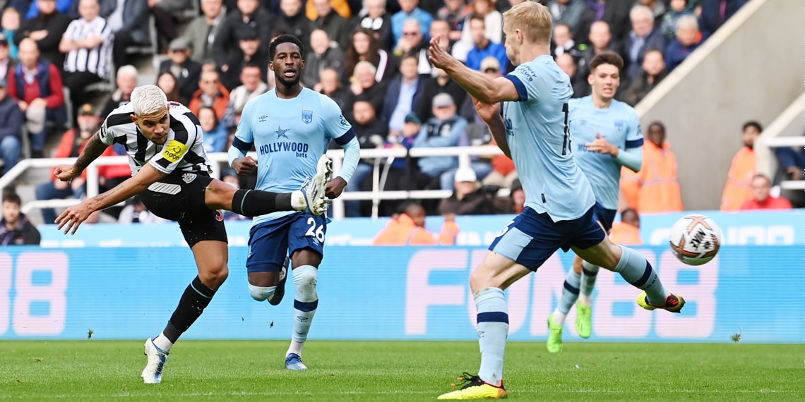 Bruno Guimaraes scores Newcastle United 's third goal during the match between Newcastle United and Brentford FC