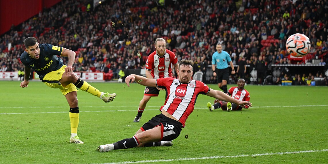 Bruno Guimaraes scores a goal during the match between Sheffield United and Newcastle United