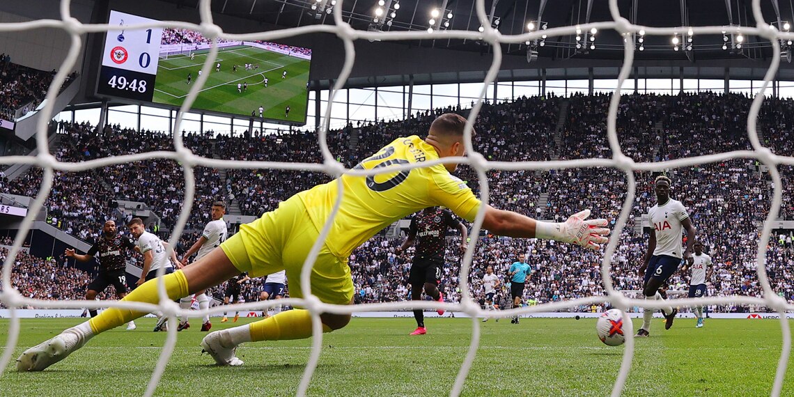 Bryan Mbeumo scores Brentford's first goal during the match between Tottenham Hotspur and Brentford FC