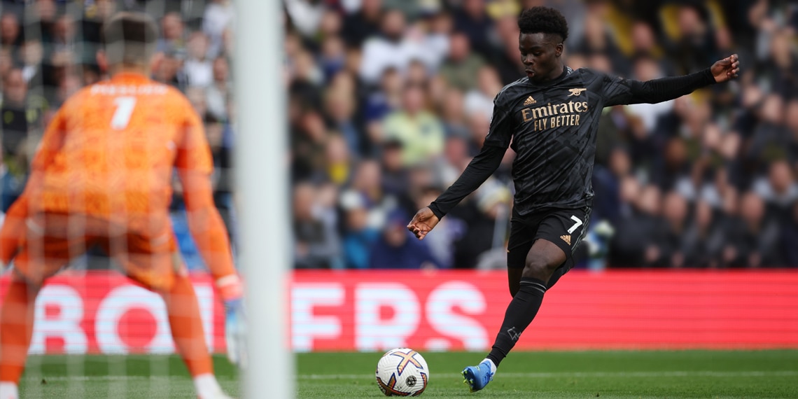 Bukayo Saka scores Arsenal's first goal during the match against Leeds United at Elland Road