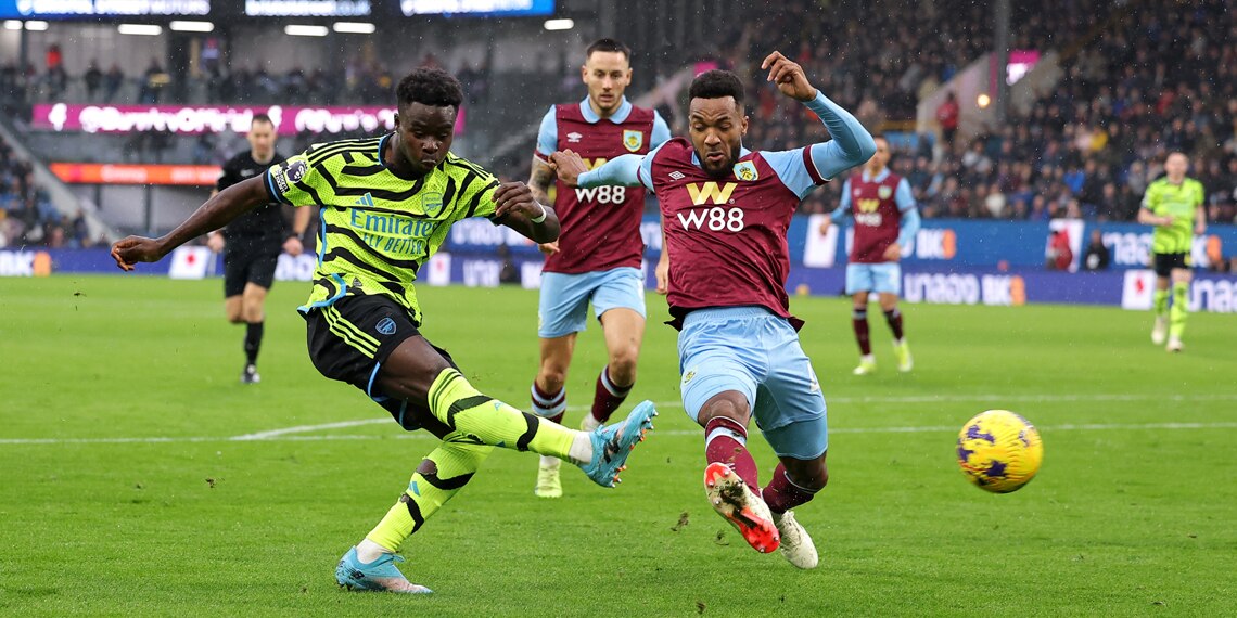 Bukayo Saka scores Arsenal's third goal during the match between Burnley FC and Arsenal FC
