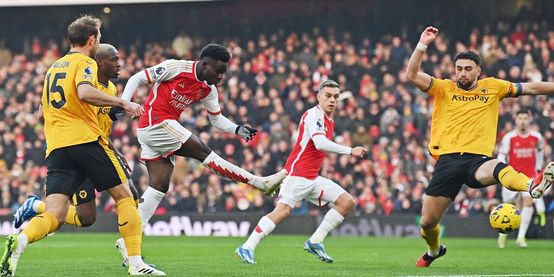 Bukayo Saka scores the opening goal during the match between Arsenal and Wolverhampton Wanderers