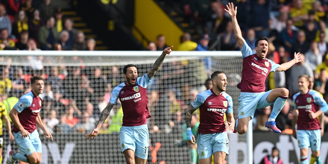 Burnley's players celebrate after Josh Brownhill scores their second goal during the match between Watford and Burnley