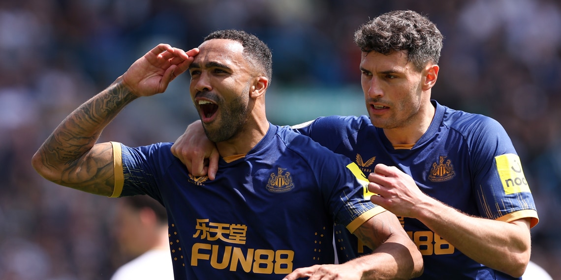 Callum Wilson celebrates after scoring Newcastle United's first goal from the penalty spot during the match with Leeds United