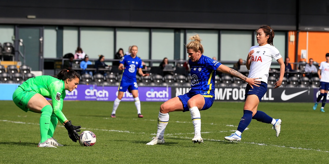 Jiali Tang of Tottenham Hotspur and Millie Bright of Chelsea during the Barclays FA Women's Super League match between Tottenham Hotspur Women and Chelsea Women