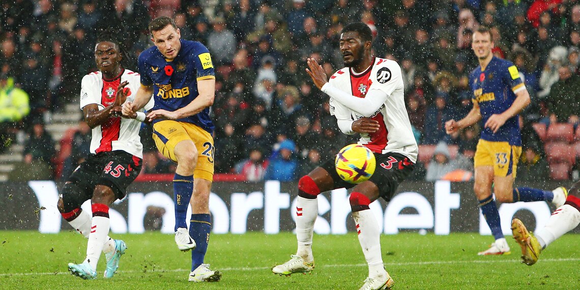 Chris Wood scores Newcastle United's second goal during the Premier League match between Southampton FC and Newcastle United