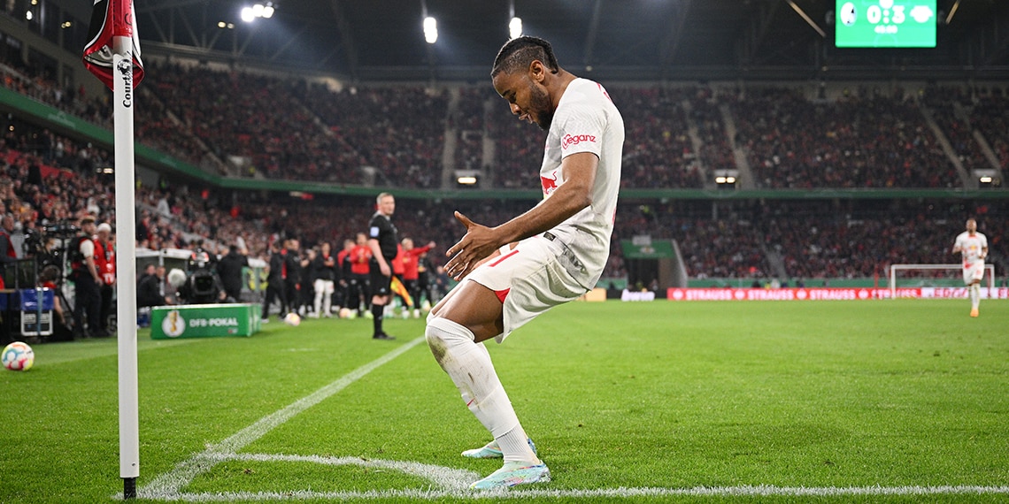Christopher Nkunku celebrates after scoring for RB Leipzig