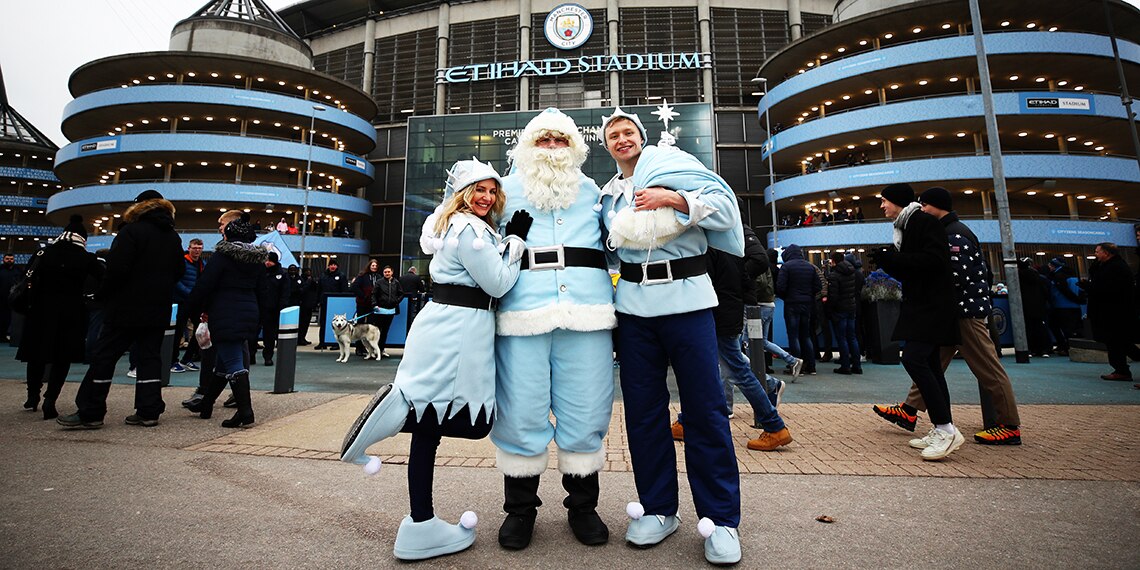 Can SANTA be blue? Don't you mean FATHER CHRISTMAS? He can at Manchester City's stadium!