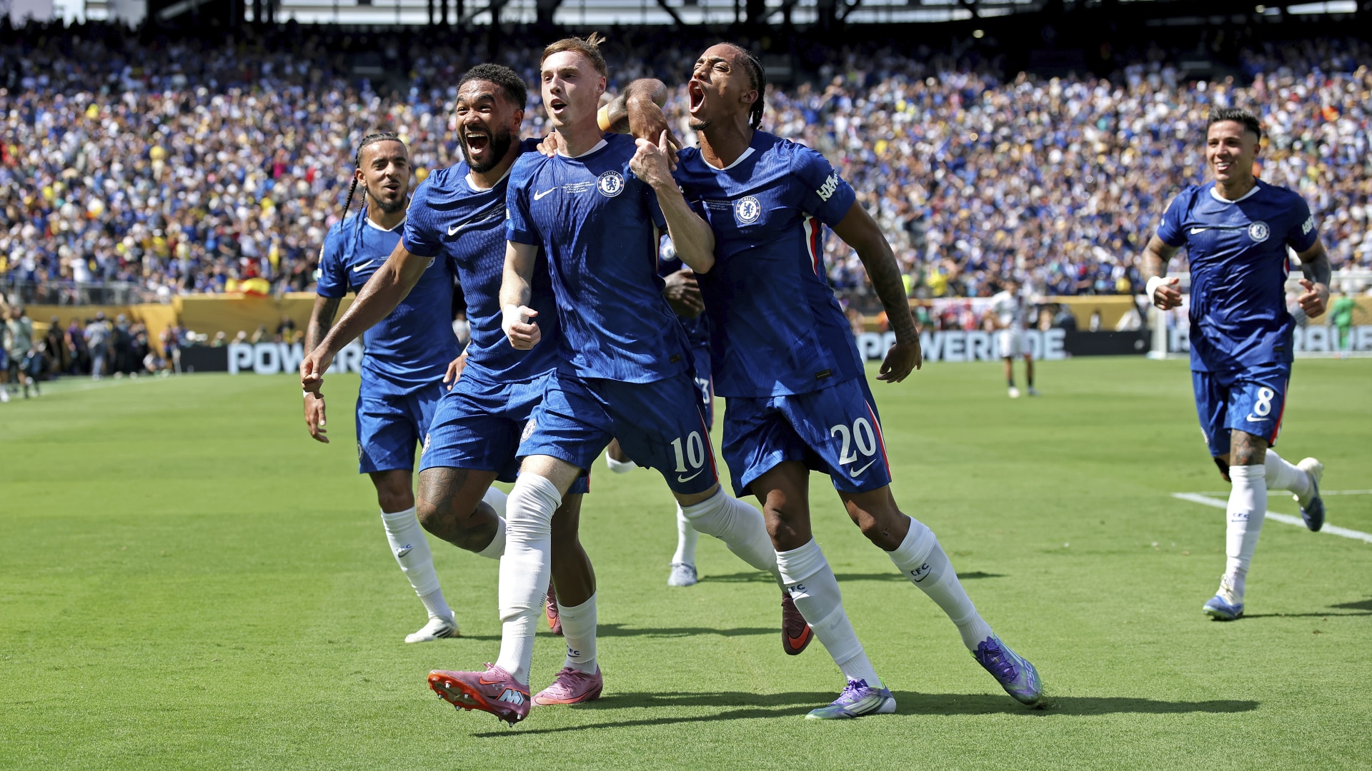 Cole Palmer celebrates scoring his Chelsea's second goal with team mates Joao Pedro and Reece James