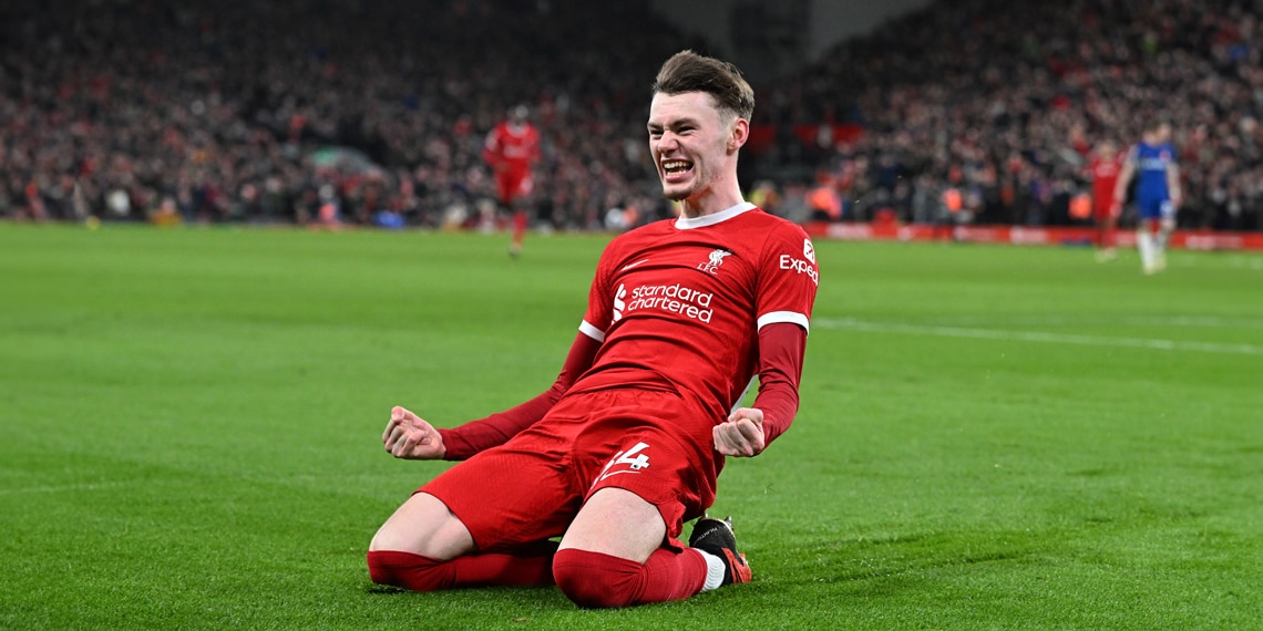 Conor Bradley celebrates after scoring Liverpool's second goal against Chelsea