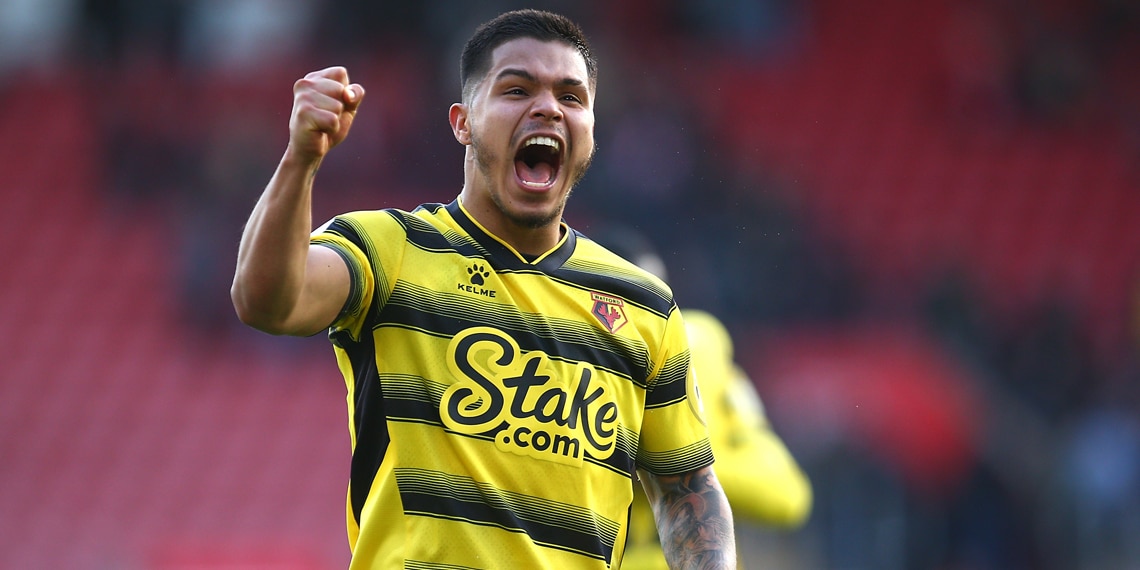 Cucho Hernandez of Watford FC reacts following their sides victory