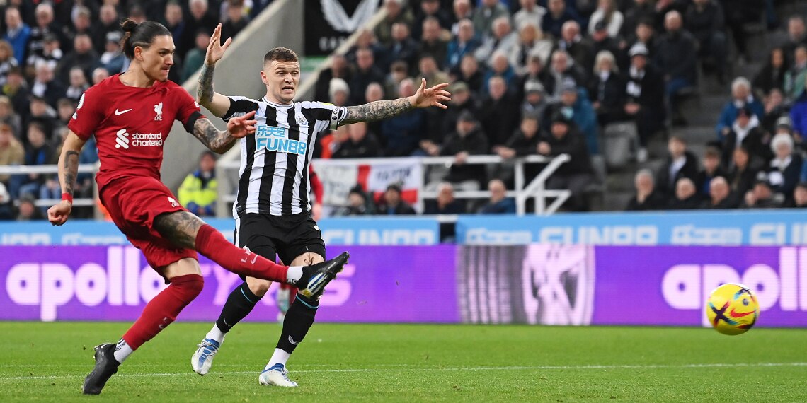 Darwin Nunez scores Liverpool's first goal during the Premier League match between Newcastle United and Liverpool FC