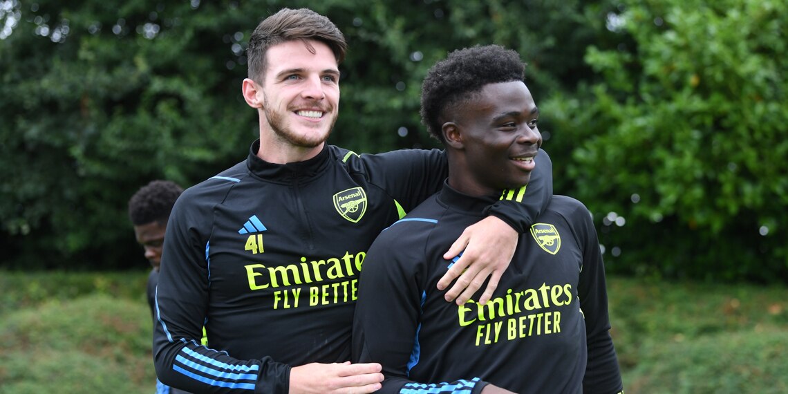 Declan Rice and Bukayo Saka of Arsenal during a training session