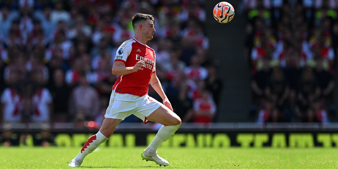 Declan Rice in action during the Premier League match between Arsenal and Nottingham Forest