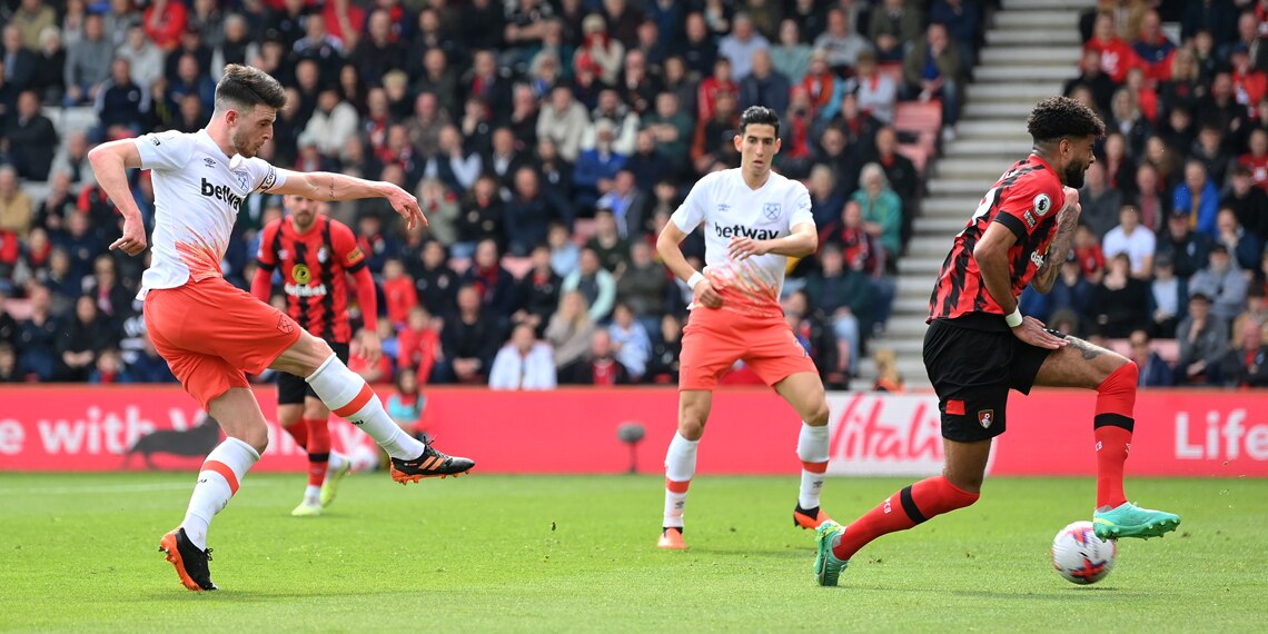 Declan Rice scores West Ham United's third goal during the match against AFC Bournemouth