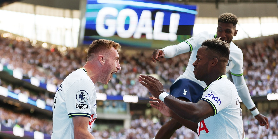 Dejan Kulusevski celebrates with Ryan Sessegnon