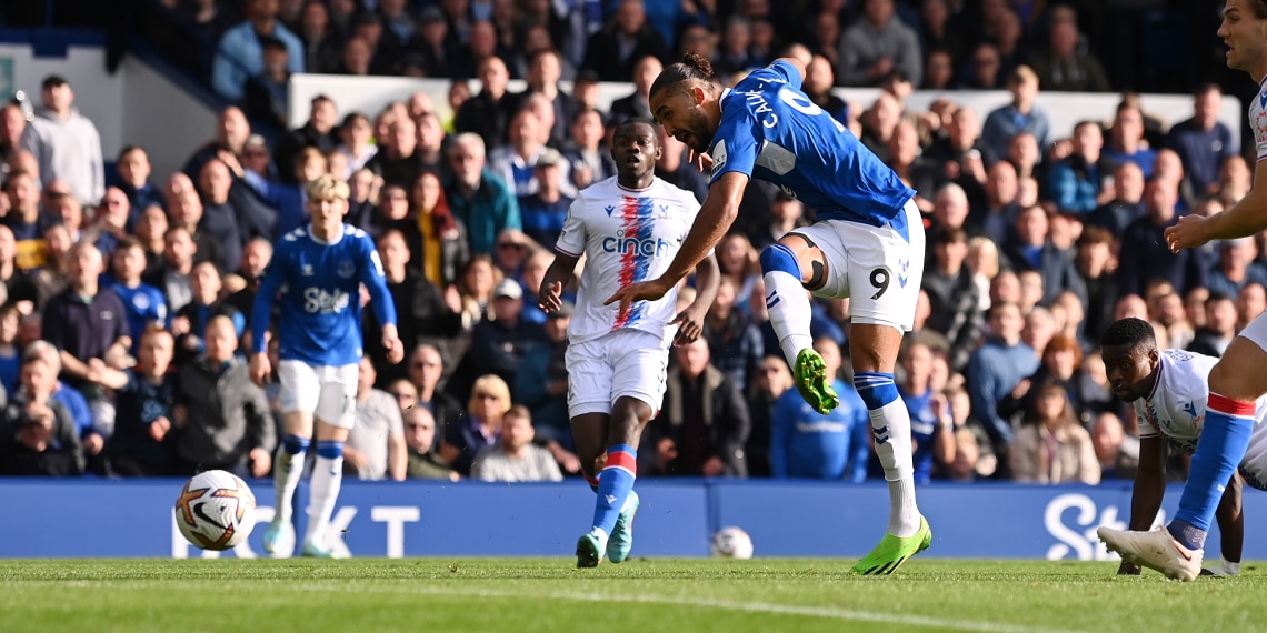Dominic Calvert-Lewin scores Everton 's first goal during the match between Everton FC and Crystal Palace