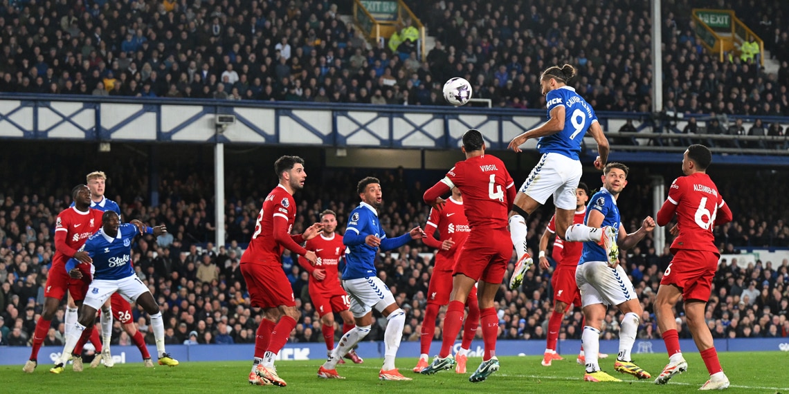 Dominic Calvert-Lewin scores Everton's second goal during the match between Everton and Liverpool