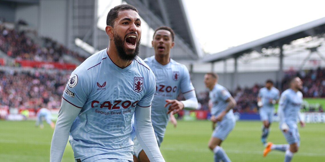 Douglas Luiz celebrates after scoring Aston Villa's first goal during the match against Brentford FC