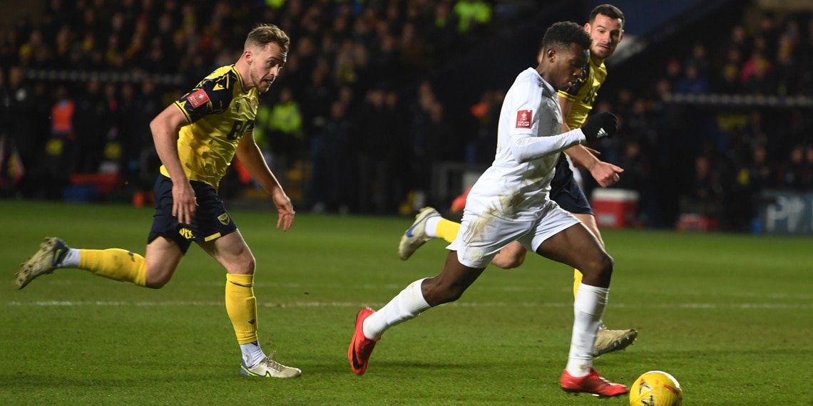 Eddie Nketiah scores Arsenal's 3rd goal against Oxford United during the FA Cup Third Round match